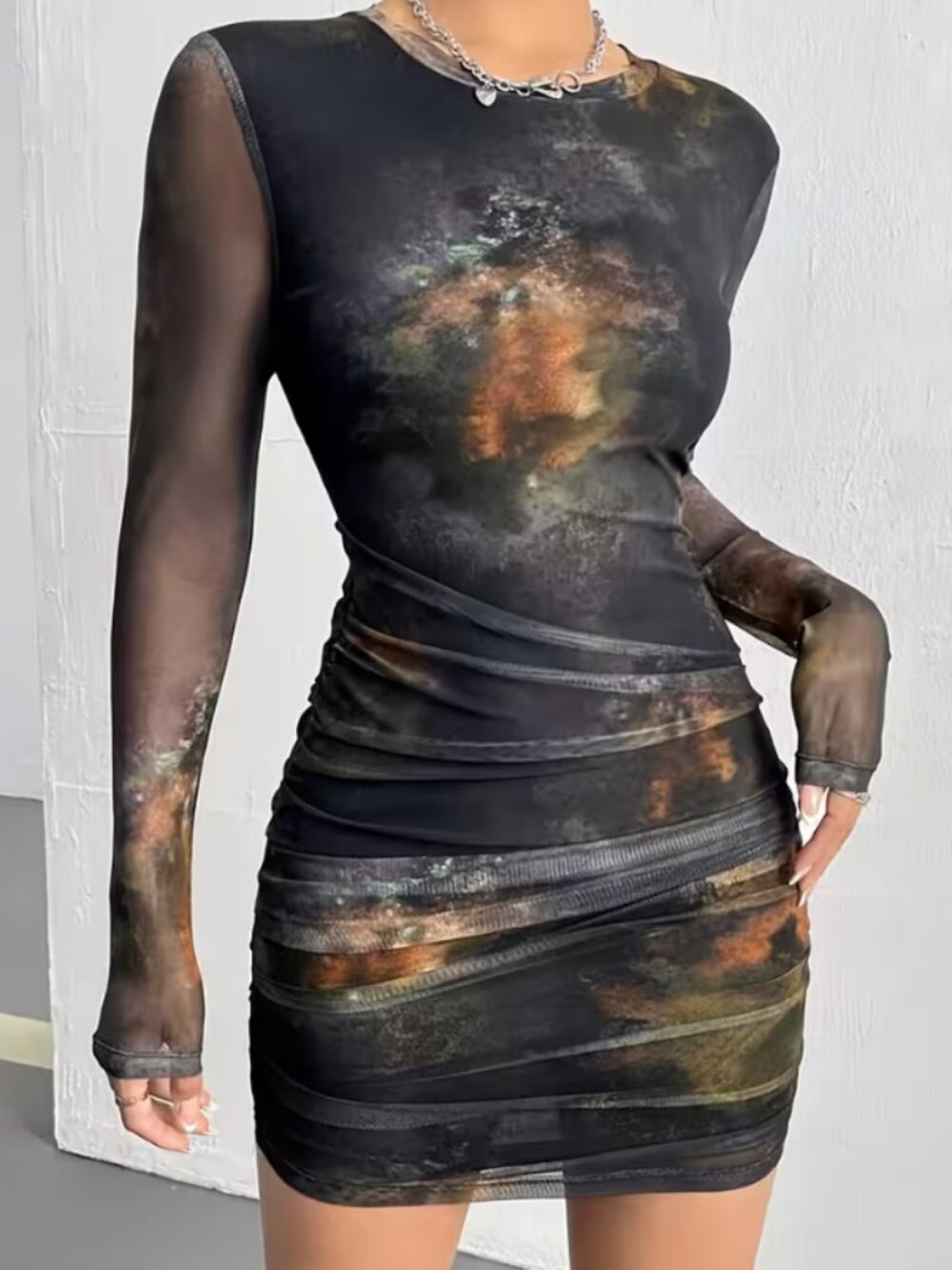 Mesh Ruched Bodycon Long Sleeve Galaxy Dress